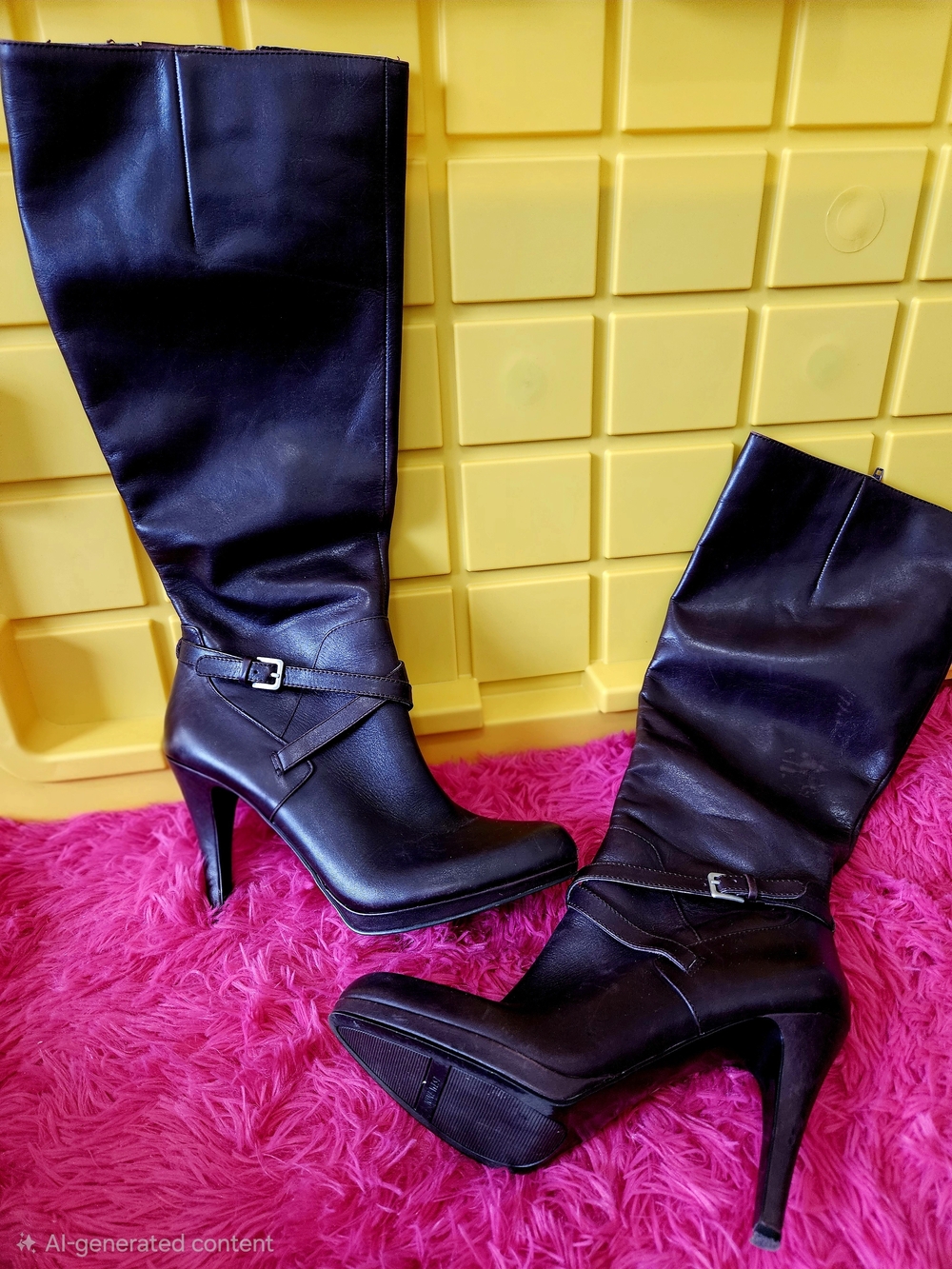 Nine West Black Knee-High Heeled Boots with Buckle Strap